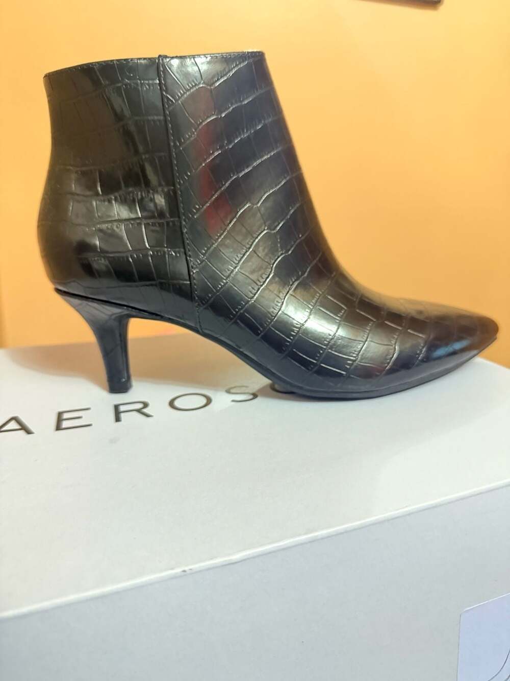 Aerosoles Edith Black Faux Crocodile Ankle Boot with Kitten Heel